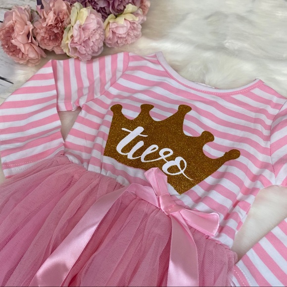 2nd Birthday Long Sleeve Pink Striped Dress with Tulle Skirt - Picture 3 of 8